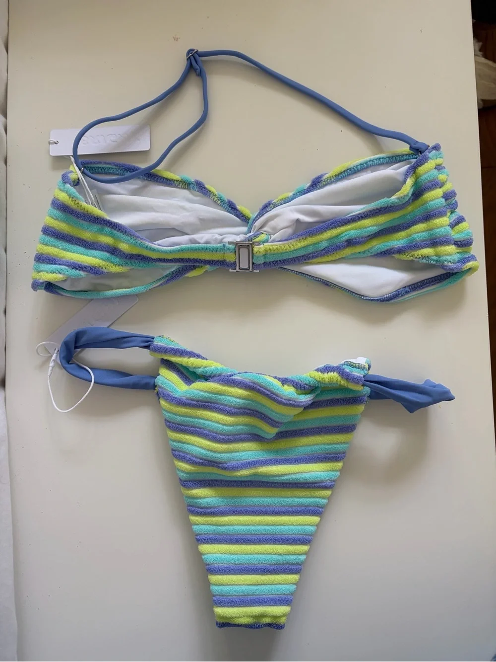 Bright swimwear Blue & Lime Striped Two-Piece Swim Set (large top, small bottom)